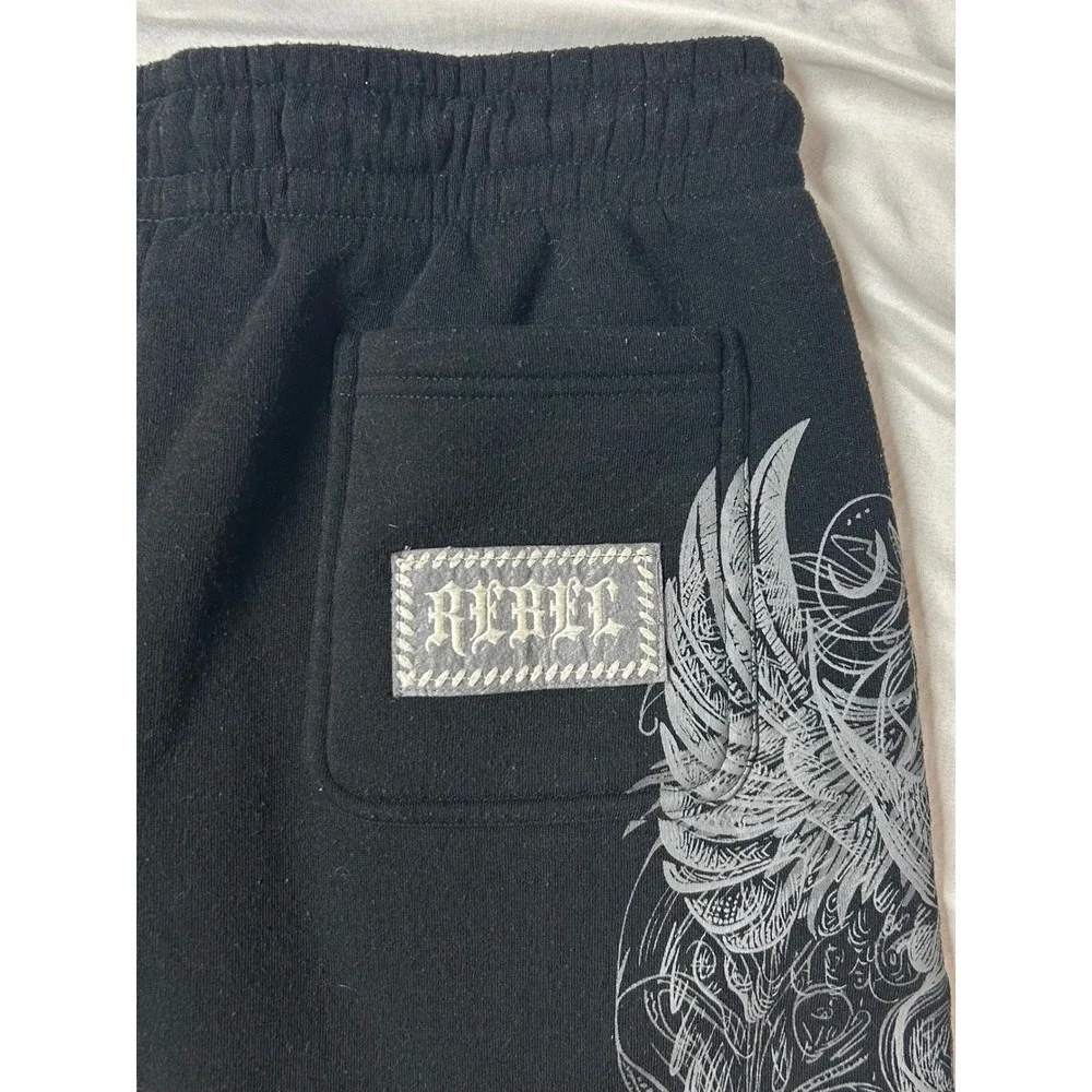 Rebel Vengeance Mens XL Black Graphic Wing Sword Sweat Shorts Streetwear Gothic - Picture 5 of 14